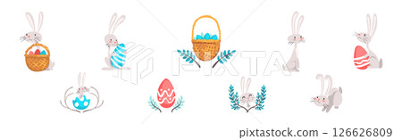 Funny Bunny Character with Egg in Garden Vector Set Funny Bunny Character with Egg in Garden Vector Set 126626809