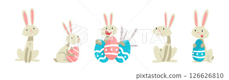 Funny Bunny Character with Egg in Garden Vector Set 126626810