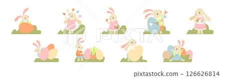 Funny Bunny Character with Egg in Garden Vector Set 126626814
