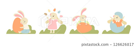 Funny Bunny Character with Egg in Garden Vector Set Funny Bunny Character with Egg in Garden Vector Set 126626817