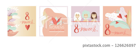 Woman Day Holiday Greeting Card and Congratulation Vector Set 126626897