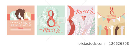 Woman Day Holiday Greeting Card and Congratulation Vector Set Woman Day Holiday Greeting Card and Congratulation Vector Set 126626898