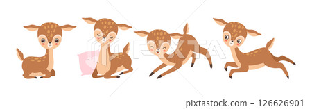 Cute Little Baby Deer Forest Animal in Different Pose Vector Set 126626901