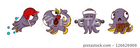 Funny Octopus Character Engaged in Different Activity Vector Set 126626909