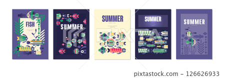 Summer Ocean and Underwater Banner with Fish Swimming in Sea Vector Set 126626933