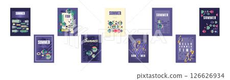 Summer Ocean and Underwater Banner with Fish Swimming in Sea Vector Set 126626934