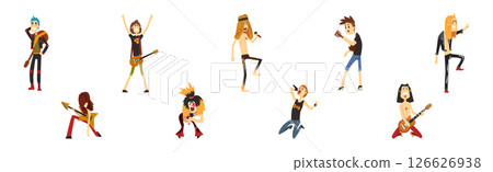 Funny Man Rock Musician Character Perform on Stage Vector Set 126626938