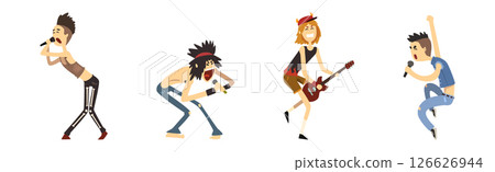 Funny Man Rock Musician Character Perform on Stage Vector Set 126626944