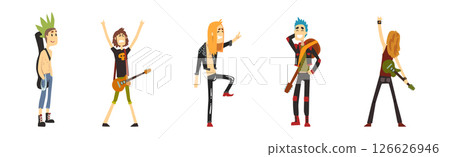 Funny Man Rock Musician Character Perform on Stage Vector Set 126626946