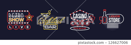 Colorful Glowing Signboard and Retro Neon Street Sign Vector Set 126627006