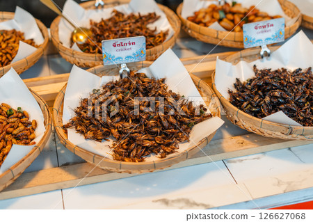 Fried Insects,Fried silkworms and other insect varieties are attractively arranged in woven baskets or various containers Fried Insects,Fried silkworms and other insect varieties are attractively arranged in woven baskets or various containers 126627068