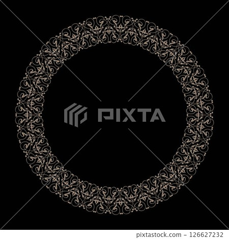Elegant Round gold pattern frame with arabesques and floral elements on a black background. Round ornamental frame, Luxury frame, Arabic, Andalusian, Oriental, Arabesque styles. For invitations, logo Elegant Round gold pattern frame with arabesques and floral elements on a black background. Round ornamental frame, Luxury frame, Arabic, Andalusian, Oriental, Arabesque styles. For invitations, logo 126627232