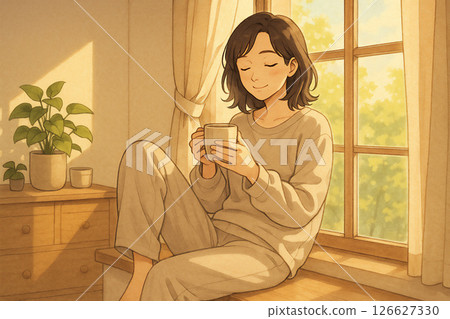 一位女士在晨光中享受茶歇時光 126627330
