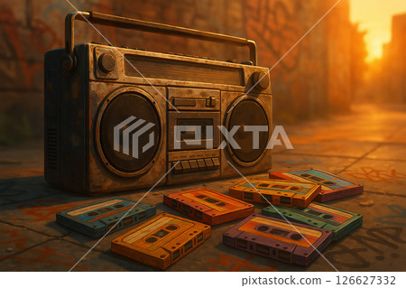 Memories of a radio cassette player and cassette tapes found in an alley at dusk 126627332