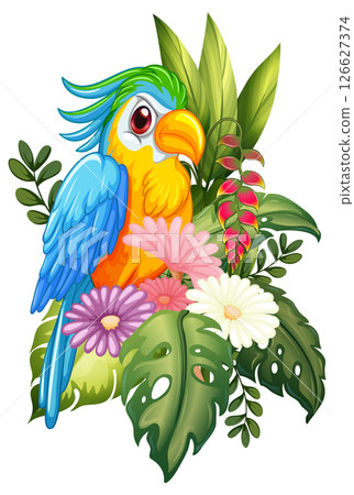 Colorful Parrot with Tropical Flowers Illustration Colorful Parrot with Tropical Flowers Illustration 126627374