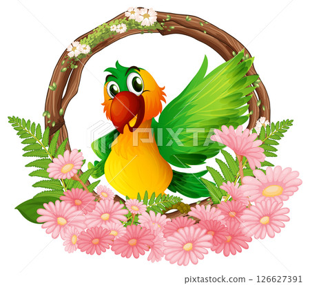 Cheerful Bird Surrounded by Floral Wreath 126627391