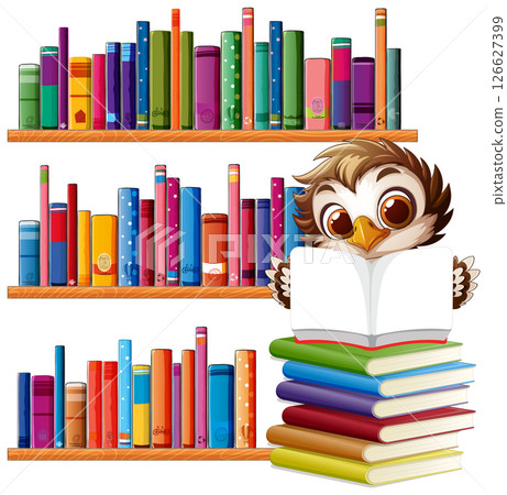 Owl Reading Among Colorful Bookshelves 126627399
