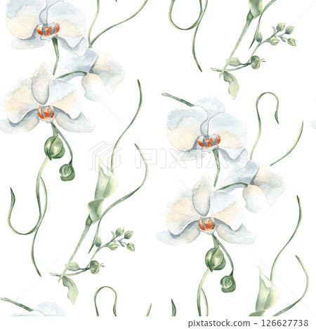 White orchids, lily flowers and gentle stems watercolor seamless pattern isolated. Elegant floral repeat background hand drawn for wedding textiles, feminine stationery, and packaging, wallpaper. White orchids, lily flowers and gentle stems watercolor seamless pattern isolated. Elegant floral repeat background hand drawn for wedding textiles, feminine stationery, and packaging, wallpaper. 126627738