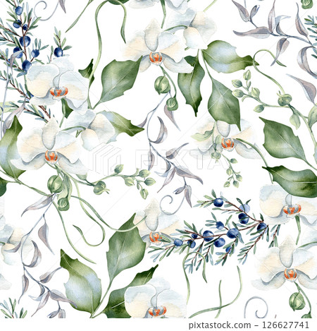 Seamless botanical pattern with white orchids, juniper branches, and soft green leaves hand drawn. Elegant watercolor flowers on repeat background for textiles, scrapbooking and botanical prints. 126627741