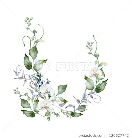 Winter greenery frame of white orchids, juniper, holly and soft foliage hand painted. Delicate watercolor floral edge isolated for seasonal invitations, Christmas packaging, and winter wedding design. 126627742