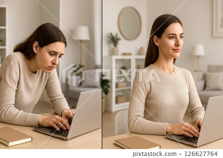 Before and after transformation of woman sitting at desk with poor and correct posture while working on laptop. Concept of spine health, ergonomic workspace, back pain prevention Before and after transformation of woman sitting at desk with poor and correct posture while working on laptop. Concept of spine health, ergonomic workspace, back pain prevention 126627764