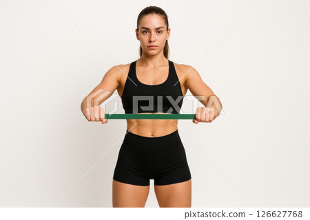 Young caucasian woman fitness model using resistance band for exercise. concept of strength training, workout, health, physical fitness, determination, active lifestyle, white background 126627768