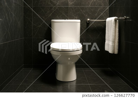 Bright porcelain toilet in dark tiled bathroom interior. concept of modern bathroom design, cleanliness, spacious restroom, minimalist decor, home improvement 126627770