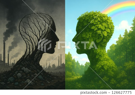 Surreal double image of human head silhouette transforming from industrial waste and pollution to green foliage and nature. environmental detox, ecological awareness, clean energy transformation 126627775