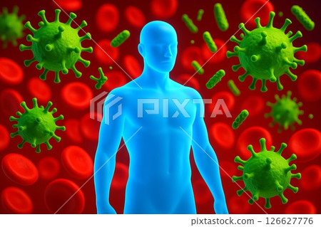 illustration of human body surrounded by viruses and bacteria inside bloodstream. Concept of immune system defense, infection protection, health care, virus fighting, biological science 126627776