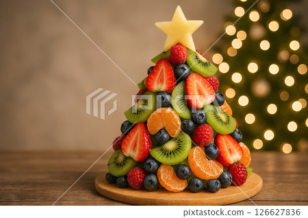Colorful Christmas tree made of fruit and berries with pineapple star on wooden board. Concept of healthy holiday dessert, creative food art, festive celebration, copy space Colorful Christmas tree made of fruit and berries with pineapple star on wooden board. Concept of healthy holiday dessert, creative food art, festive celebration, copy space 126627836