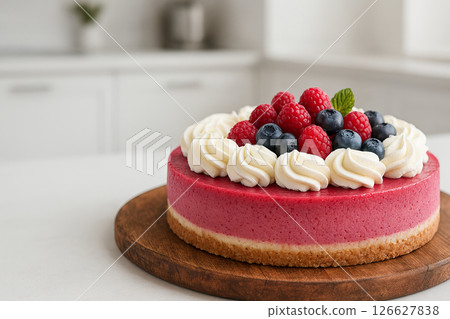 Raspberry cheesecake delight on wooden board with cream topping and fresh berries. concept of delicious dessert, sweet indulgence, elegant presentation, gourmet pastry, culinary, copy space Raspberry cheesecake delight on wooden board with cream topping and fresh berries. concept of delicious dessert, sweet indulgence, elegant presentation, gourmet pastry, culinary, copy space 126627838