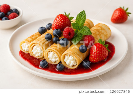 Delicious berry crepes delight with fresh strawberries and blueberries on plate for a simple yet elegant dessert. concept of sweet indulgence, culinary art, tasteful presentation 126627846
