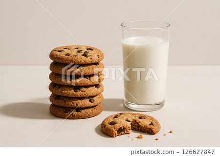 Stack of chocolate chip cookies with glass of milk on minimalist background for a classic snack scene. concept of homemade treats, delicious cookies, comfort food, simplicity. 126627847