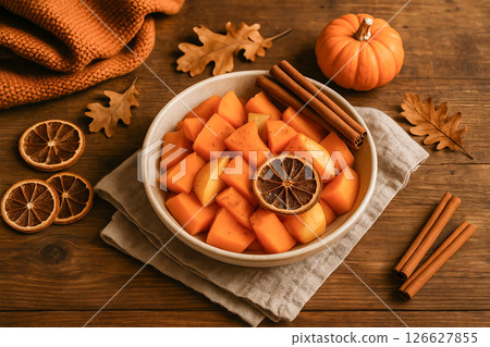 Baked honey pumpkin with cinnamon sticks and dried citrus slices in rustic bowl on wooden table with autumn leaves. Concept of cozy fall food, seasonal dessert, traditional autumn recipe 126627855