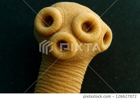 Microscope view of tapeworm head displaying details of parasitic structure in close-up science study. concept of parasitology, microbiology, and scientific research 126627872