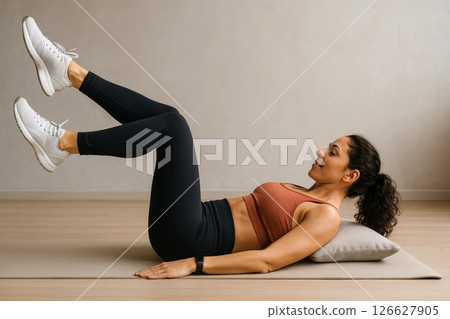 Fit young caucasian woman performing scissor kicks on a yoga mat at home. concept of exercise routine, core strength, healthy lifestyle, indoor workout, fitness motivation 126627905