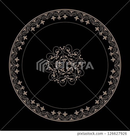 Oriental round pattern frame arabesques with large pattern in the center. Abstract golden arabic frame on black background. For circle surfaces, invitations, textiles, engraving, embroidery Oriental round pattern frame arabesques with large pattern in the center. Abstract golden arabic frame on black background. For circle surfaces, invitations, textiles, engraving, embroidery 126627926