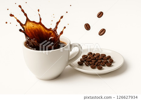 Dynamic splash of coffee in a white cup with coffee beans on a saucer. concept of coffee enthusiasm, morning energy, refreshing beverage, caffeine boost, white background 126627934