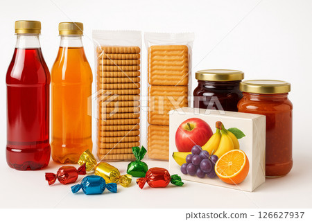 Assortment of colorful sweet delights including juices, candies, and biscuits. concept of snack variety, sweet treats, refreshing drinks, vibrant packaging, tempting goodies, white background 126627937