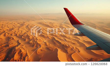Aerial view reveals golden sand dunes under a vibrant sunset, showcasing the beauty of the desert landscape Aerial view reveals golden sand dunes under a vibrant sunset, showcasing the beauty of the desert landscape 126628068