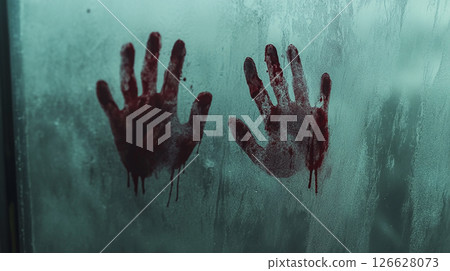 Bloody handprints on fogged glass in a dimly lit room create a chilling atmosphere of suspense and fear 126628073