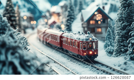 Red train travels through a snowy landscape surrounded by mountains and festive lights during winter twilight 126628087