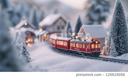 Winter train travels through a snowy village with cozy homes and pine trees in the background 126628088