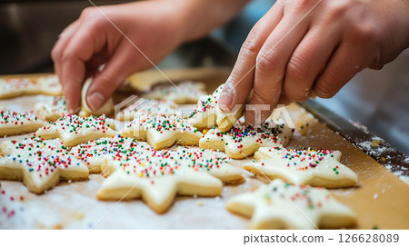 Baking decorated star-shaped cookies with colorful sprinkles in a cozy kitchen during the holiday season 126628089