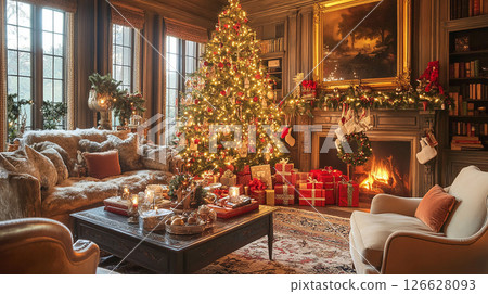 Cozy Christmas living room decorated with a large tree, glowing fireplace, and festive gifts in a warm setting Cozy Christmas living room decorated with a large tree, glowing fireplace, and festive gifts in a warm setting 126628093