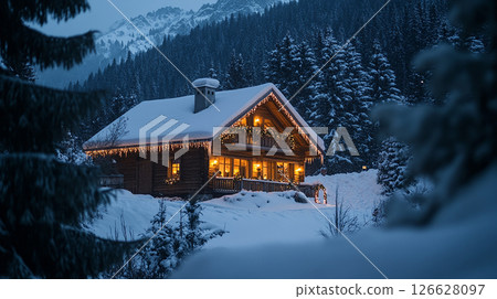 Cozy log cabin illuminated at dusk surrounded by snow-covered mountains and tall pine trees Cozy log cabin illuminated at dusk surrounded by snow-covered mountains and tall pine trees 126628097