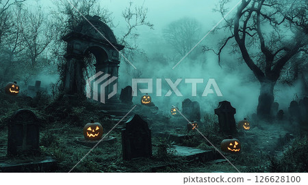 Spooky Halloween cemetery with glowing jack-o'-lanterns at dusk in an eerie atmosphere 126628100