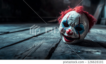 Creepy clown mask resting on old wooden floor in an abandoned space at night Creepy clown mask resting on old wooden floor in an abandoned space at night 126628101