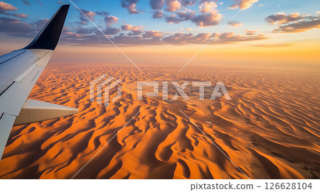 Vast desert landscape viewed from an airplane window with rolling sand dunes and striking clouds Vast desert landscape viewed from an airplane window with rolling sand dunes and striking clouds 126628104