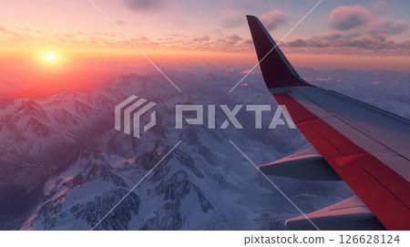 Captivating view of snow-capped mountains from an airplane window during sunset Captivating view of snow-capped mountains from an airplane window during sunset 126628124